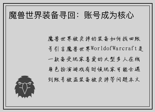 魔兽世界装备寻回：账号成为核心